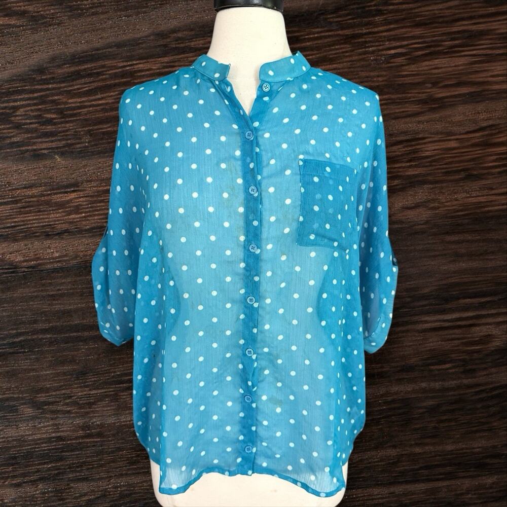 Pleione Kelly Green Polka Dot Sheer Blouse Sz S Oversized 48" Bust Short Sleeves